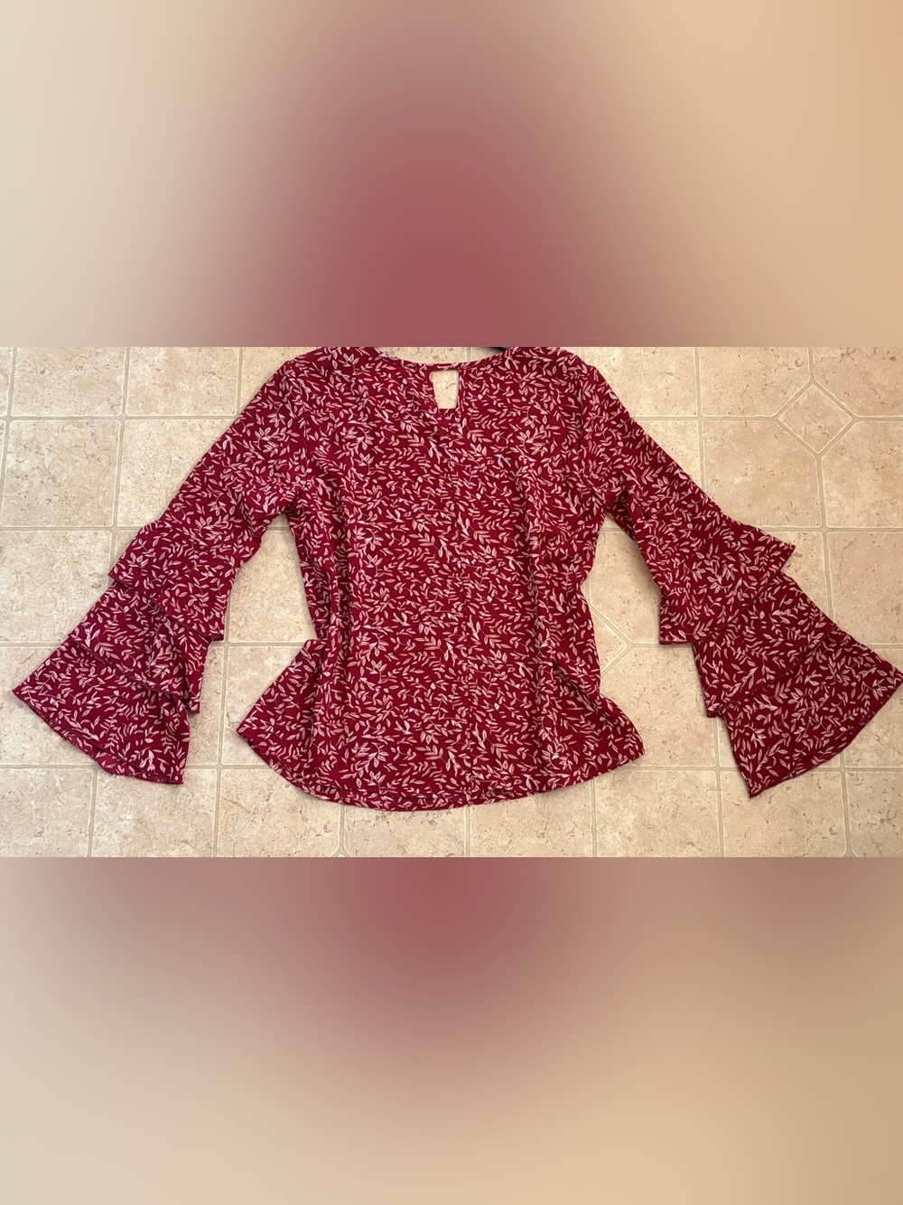 PANHANDLE BLOUSE BURGUNDY FLOUNCY LONG SLEEVES GORGEOUS 4 FALL! MEDIUM